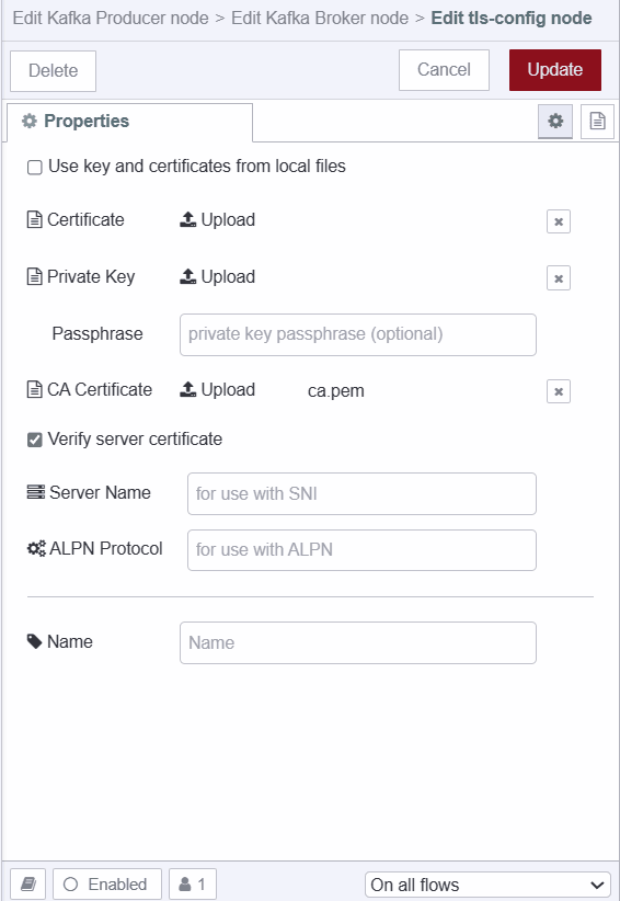 "Screenshot showing TLS configuration for kafka"
